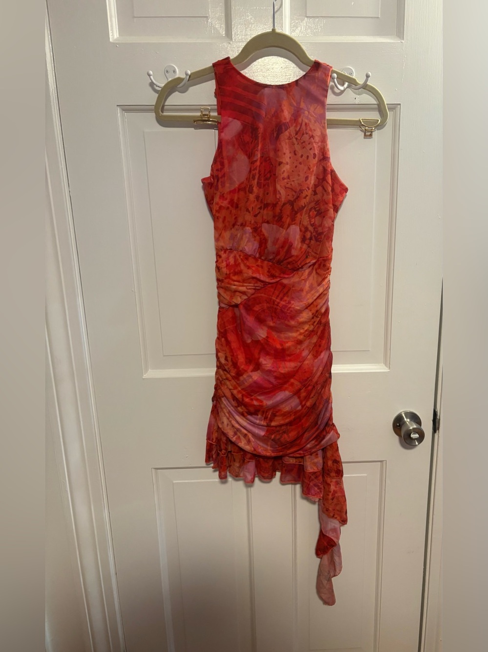 Fashion Nova Red & Orange Asymmetrical Ruched Dress